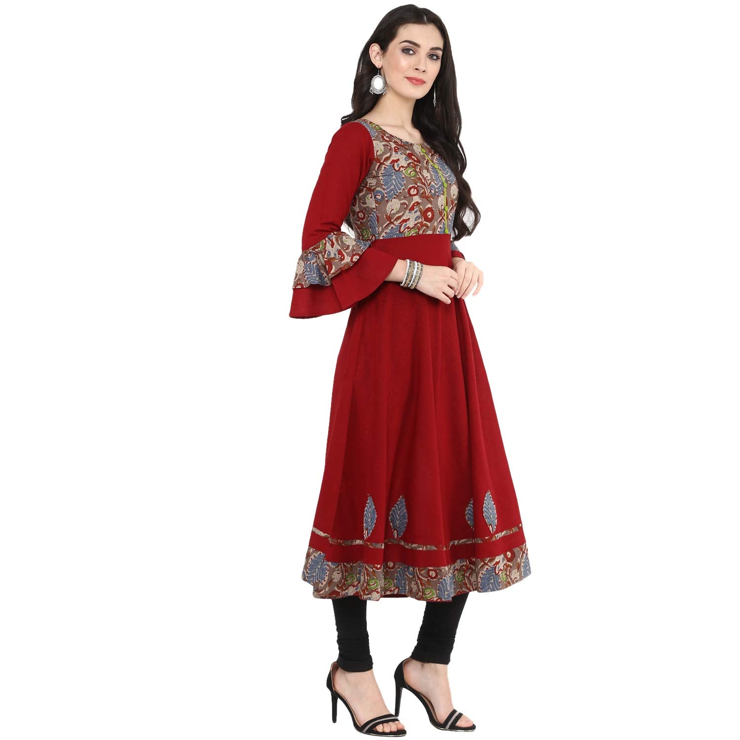 women patchwork anarkali kurta maroon