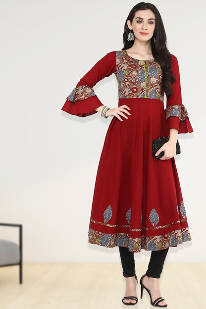 women patchwork anarkali kurta maroon