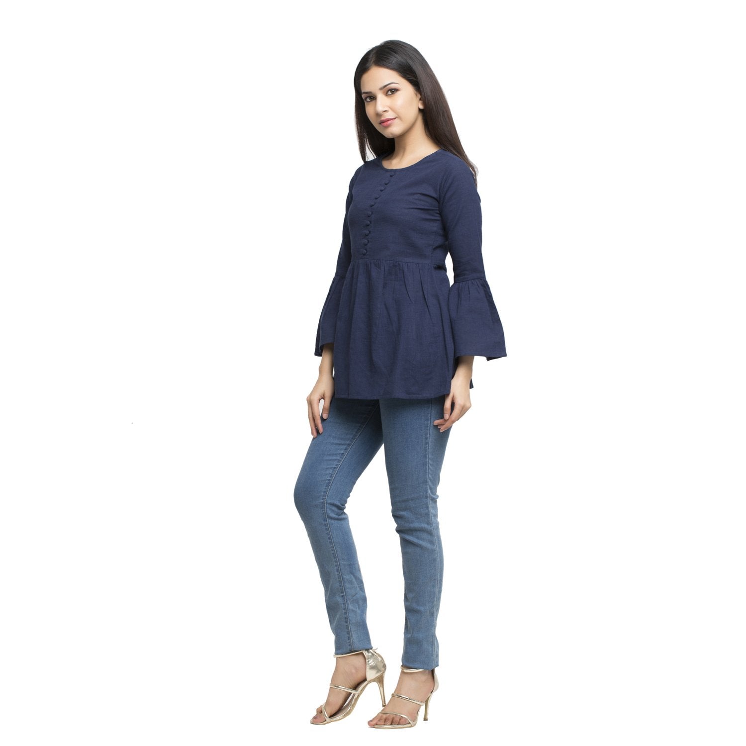 Casual 3/4 Sleeve Solid  Blue Top