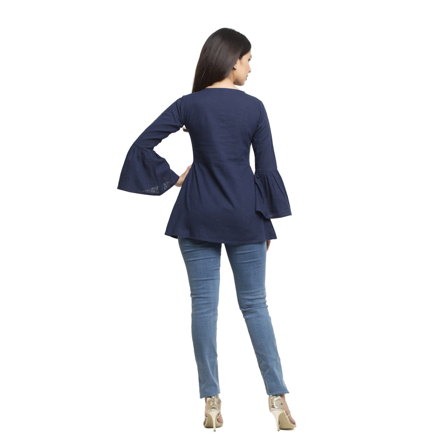 Casual 3/4 Sleeve Solid  Blue Top