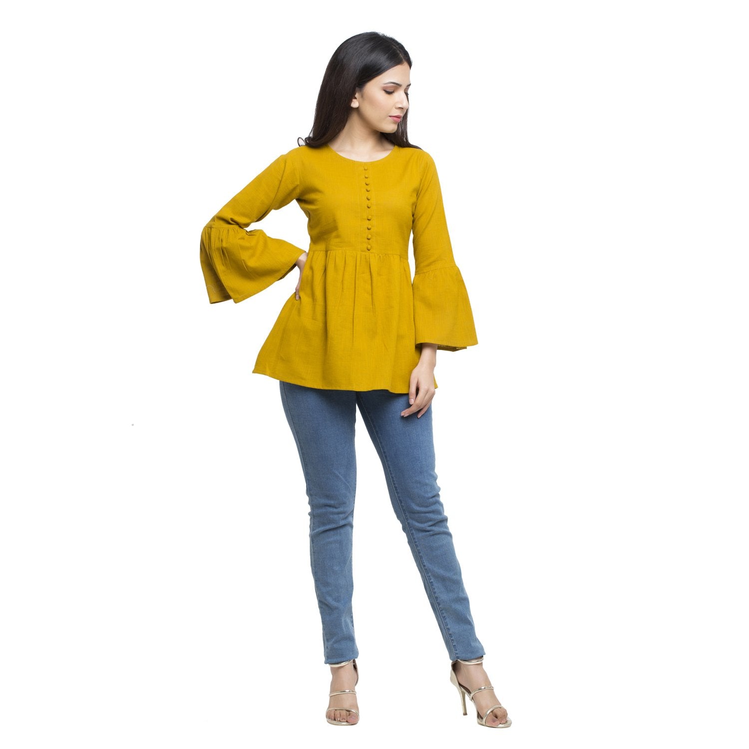 Casual Bell Sleeve Solid  Yellow Top