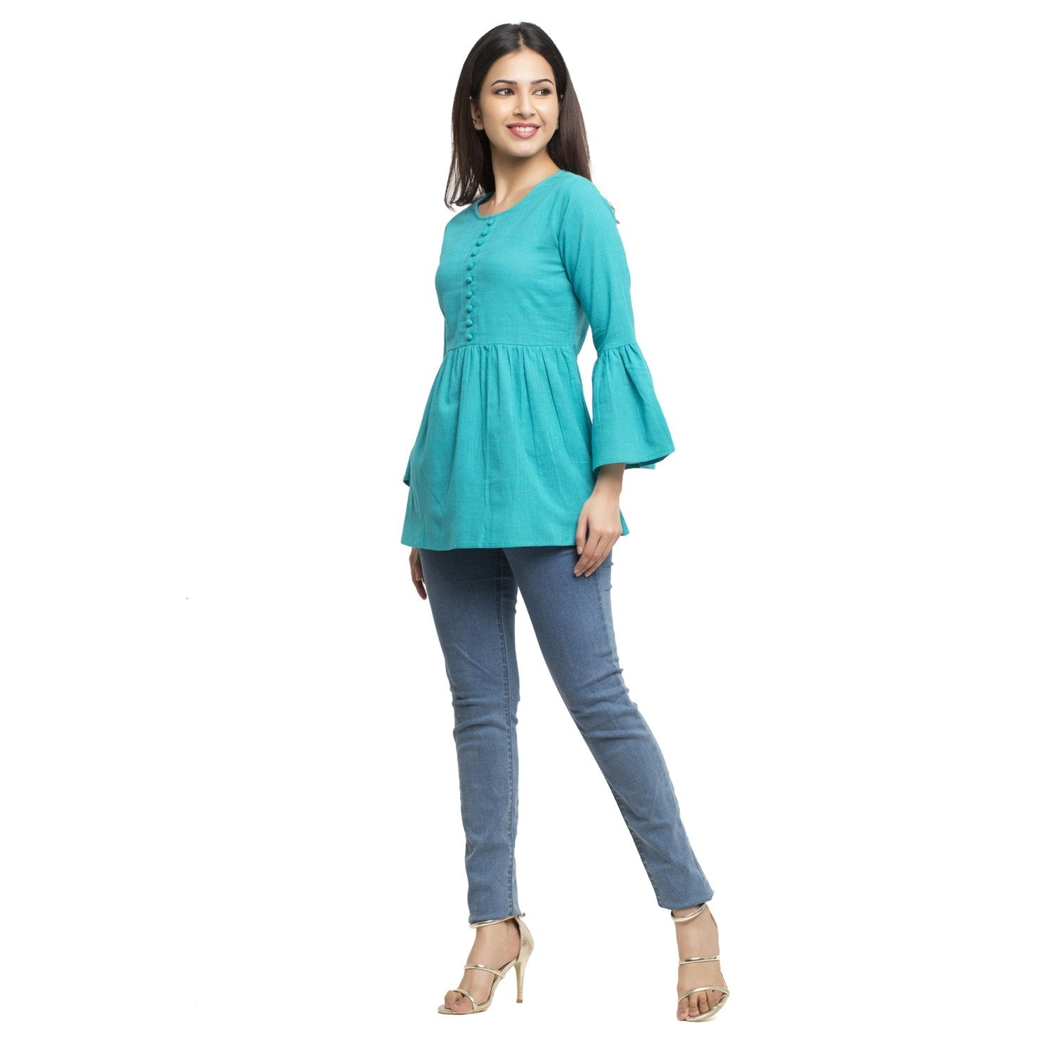 Casual Bell Sleeve Solid  Light Blue Top