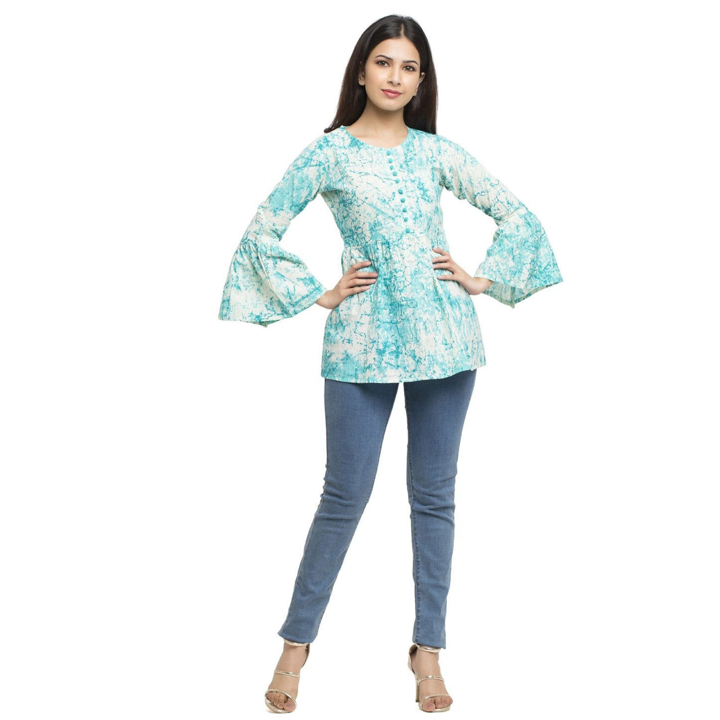 Casual Bell Sleeve Tie & Dye  TURQUOISE