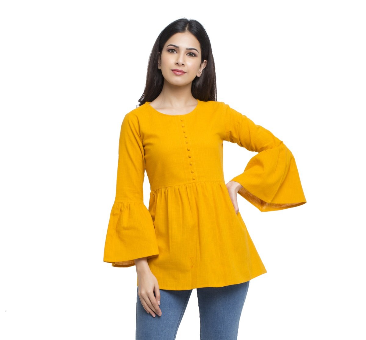 casual 3 4 sleeve solid women yellow top