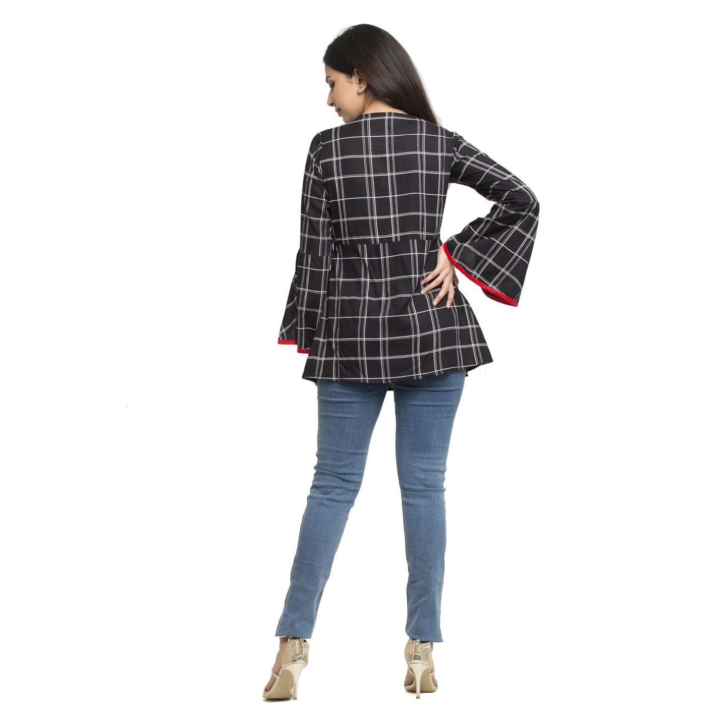 casual 3 4 sleeve checkered women black top