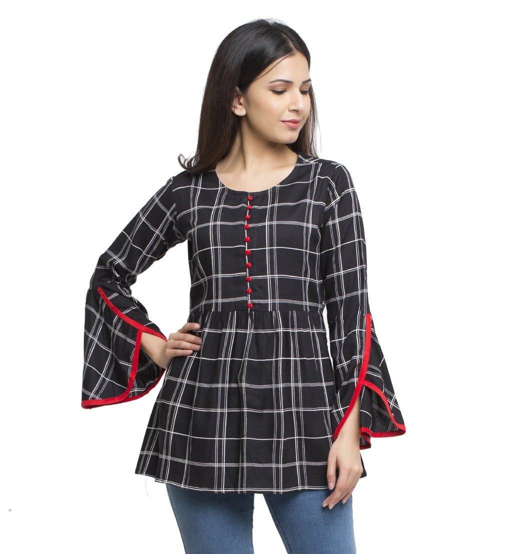 Casual 3/4 Sleeve Checkered  Black Top