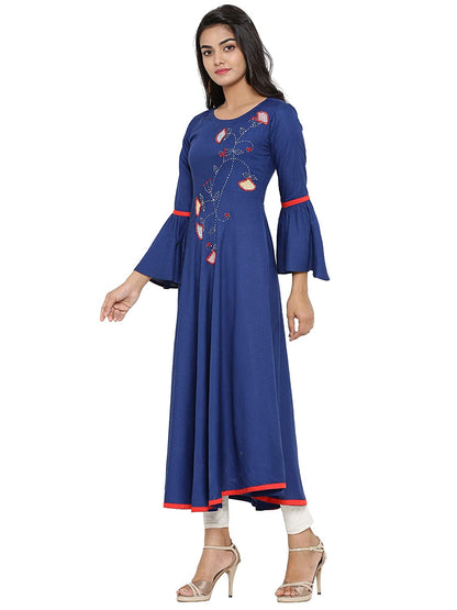 women applique anarkali kurta blue