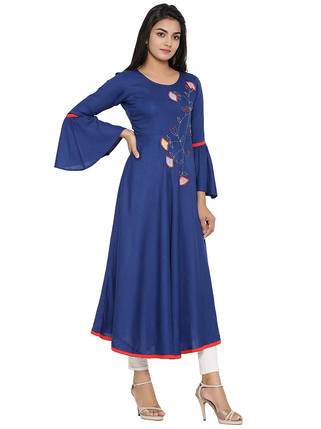 women applique anarkali kurta blue