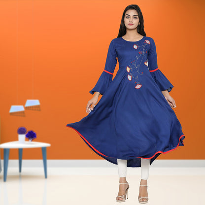 women applique anarkali kurta blue