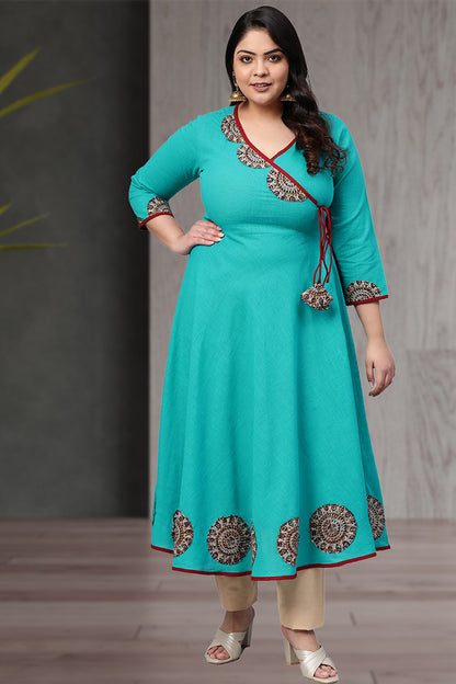 women embellished anarkali kurta teal