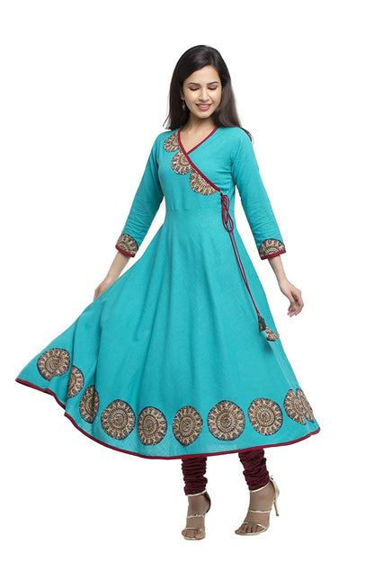 women embellished anarkali kurta teal