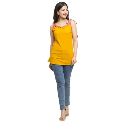 casual noodle straps printed women yellow top