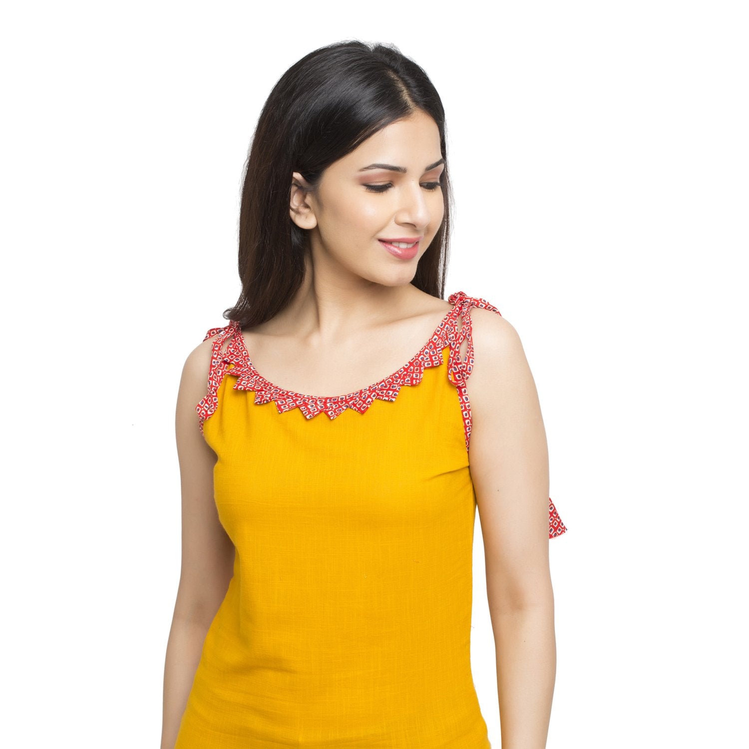 casual noodle straps printed women yellow top