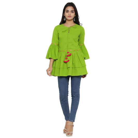 casual 3 4 sleeve embroidered women top green