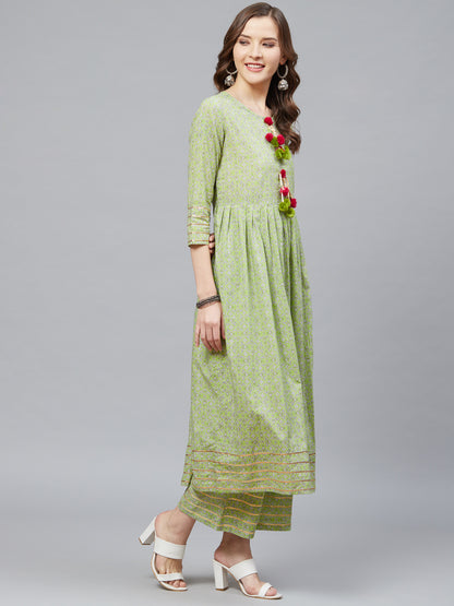 women cotton floral printed pleated kurta palazzo set green