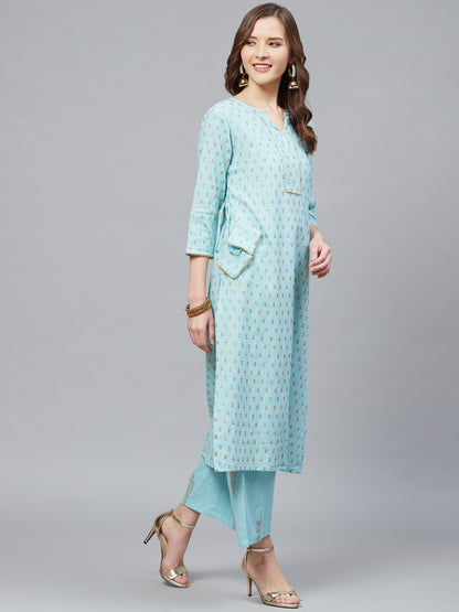 women cotton slub gold printed straight kurta palazzo set ice blue