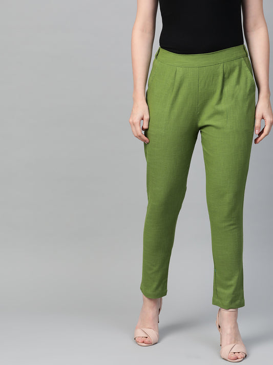  Cotton Slub Solid Regular Fit Casual Trouser Pants (GREEN)