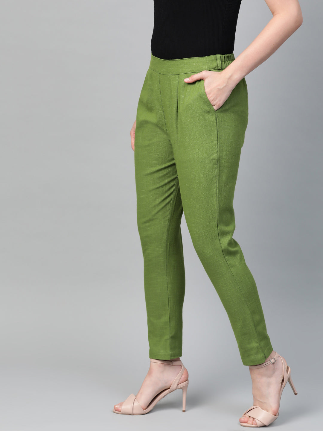 Cotton Slub Solid Regular Fit Casual Trouser Pants (GREEN) – Yash Gallery