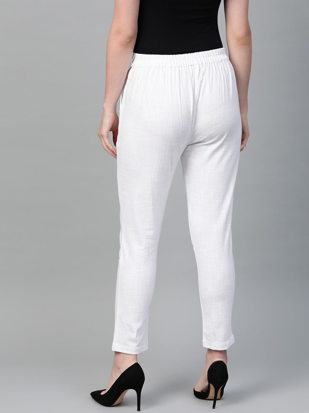  Cotton Slub Solid Regular Fit Casual Trouser Pants (WHITE)