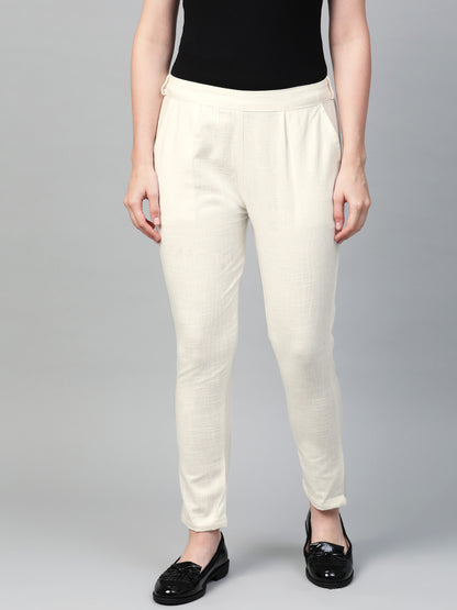 women cotton slub solid regular fit casual trouser pants off white