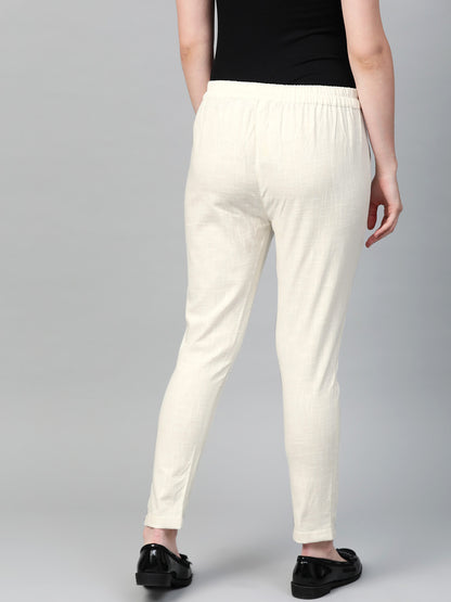 women cotton slub solid regular fit casual trouser pants off white