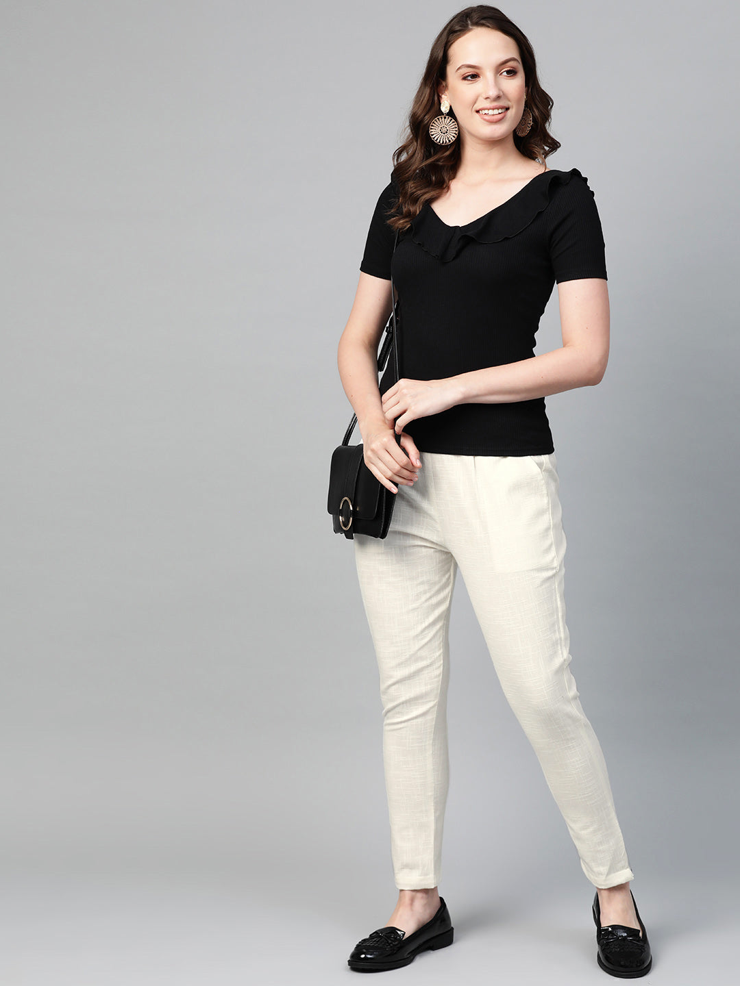  Cotton Slub Solid Regular Fit Casual Trouser Pants (OFF-WHITE)