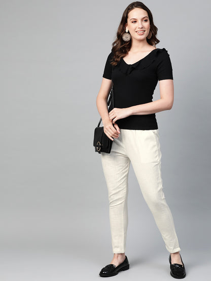 women cotton slub solid regular fit casual trouser pants off white