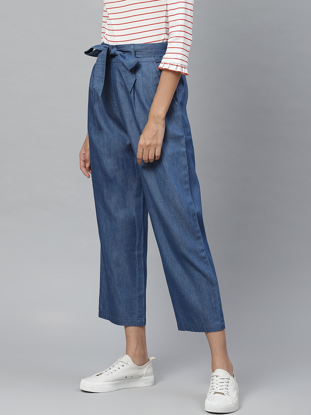 women denim mid rise culottes with waist tie up