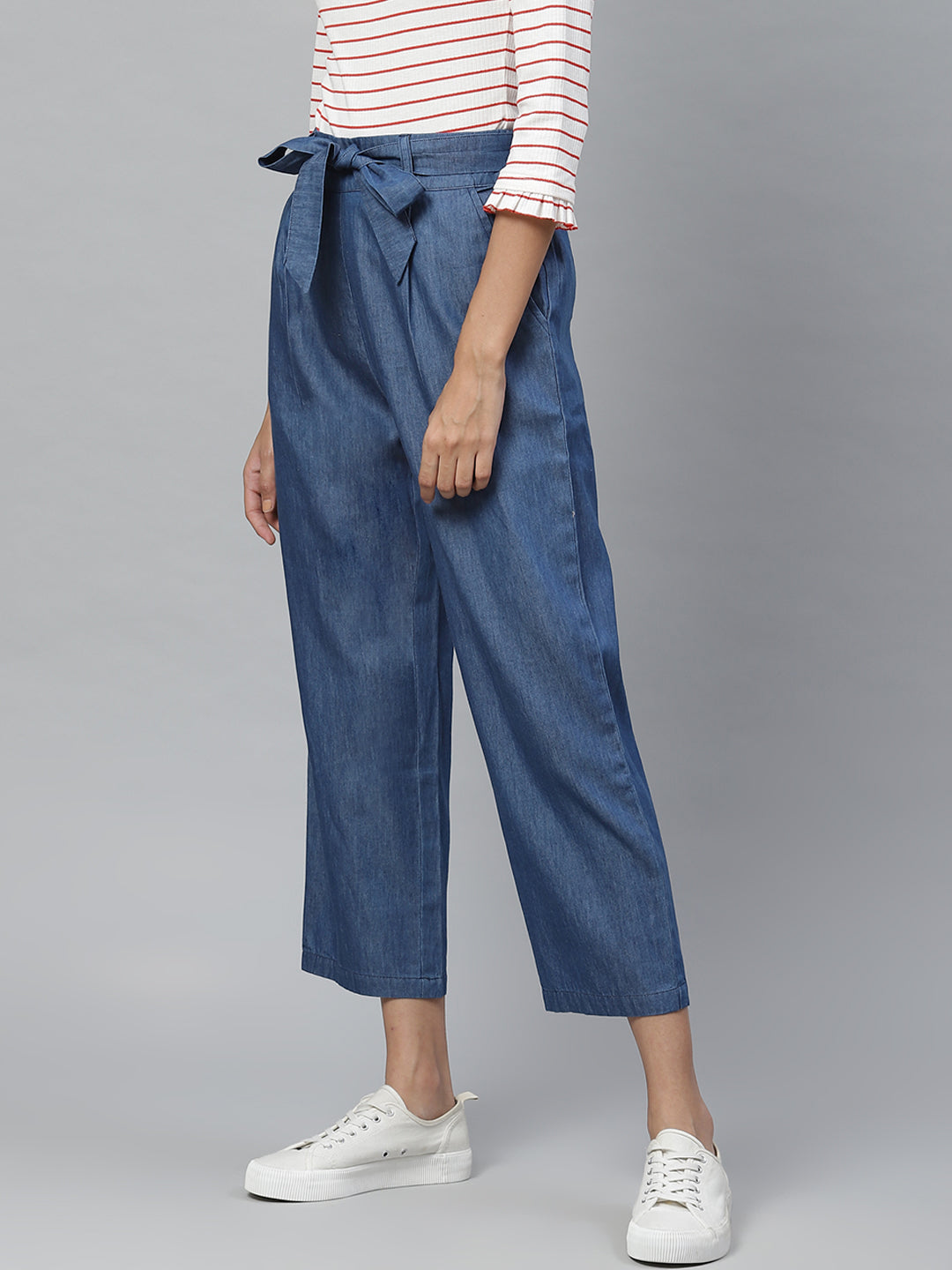  Denim Mid-Rise Culottes with Waist Tie-Up