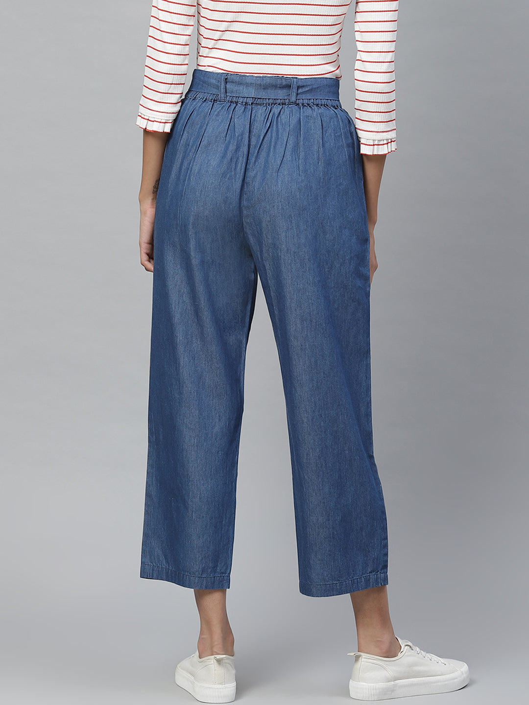 women denim mid rise culottes with waist tie up