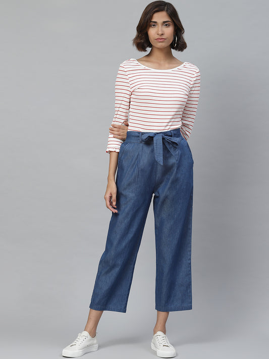 women denim mid rise culottes with waist tie up