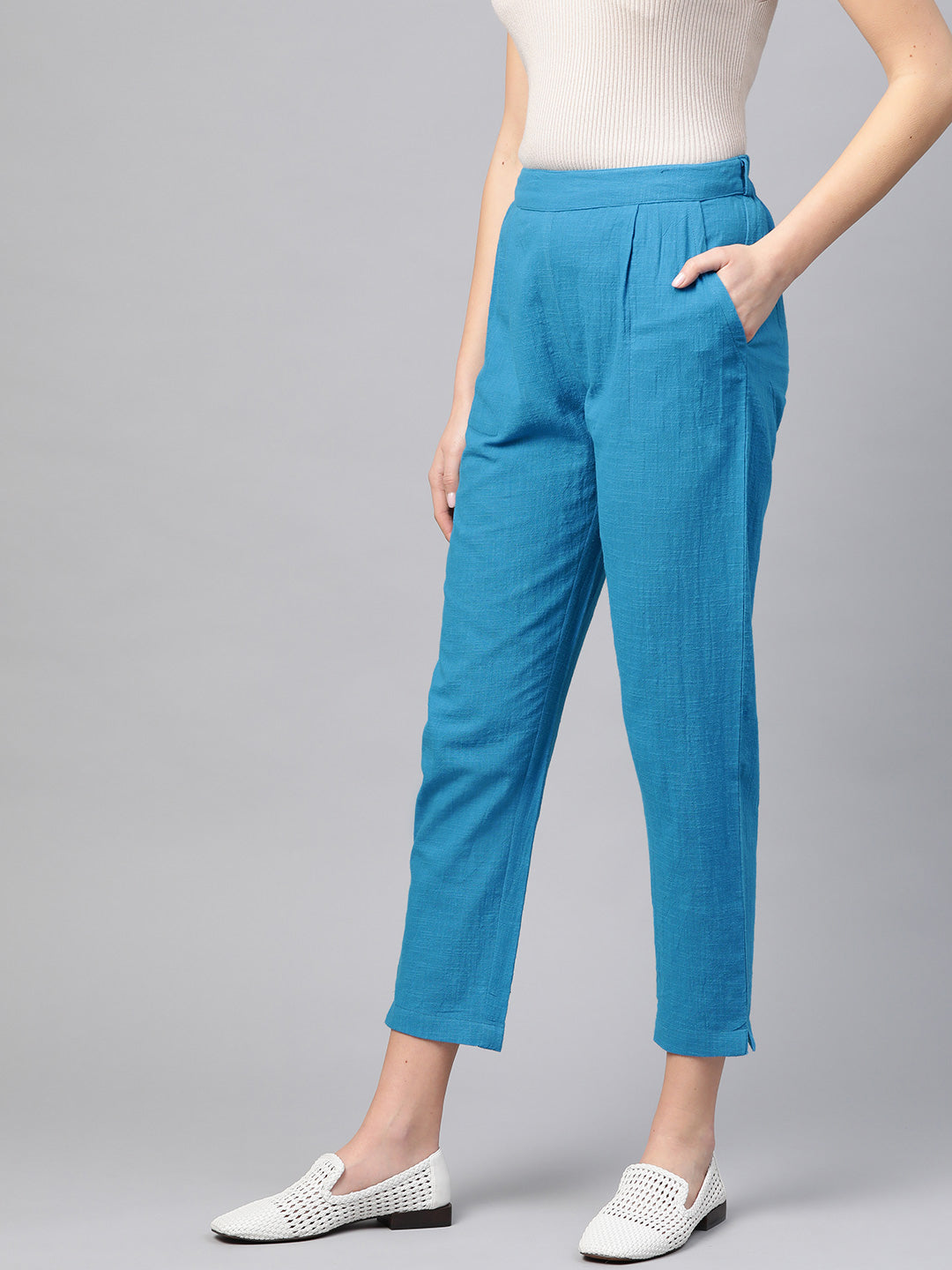  Cotton Slub Solid Regular Fit Casual Trouser Pants (BLUE)