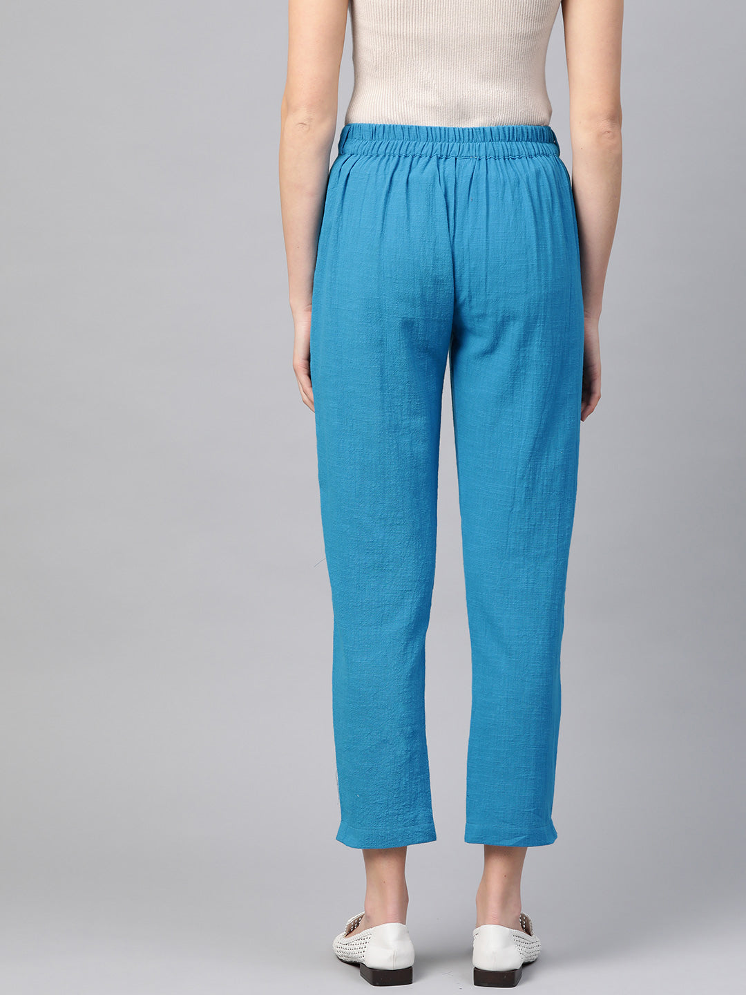  Cotton Slub Solid Regular Fit Casual Trouser Pants (BLUE)
