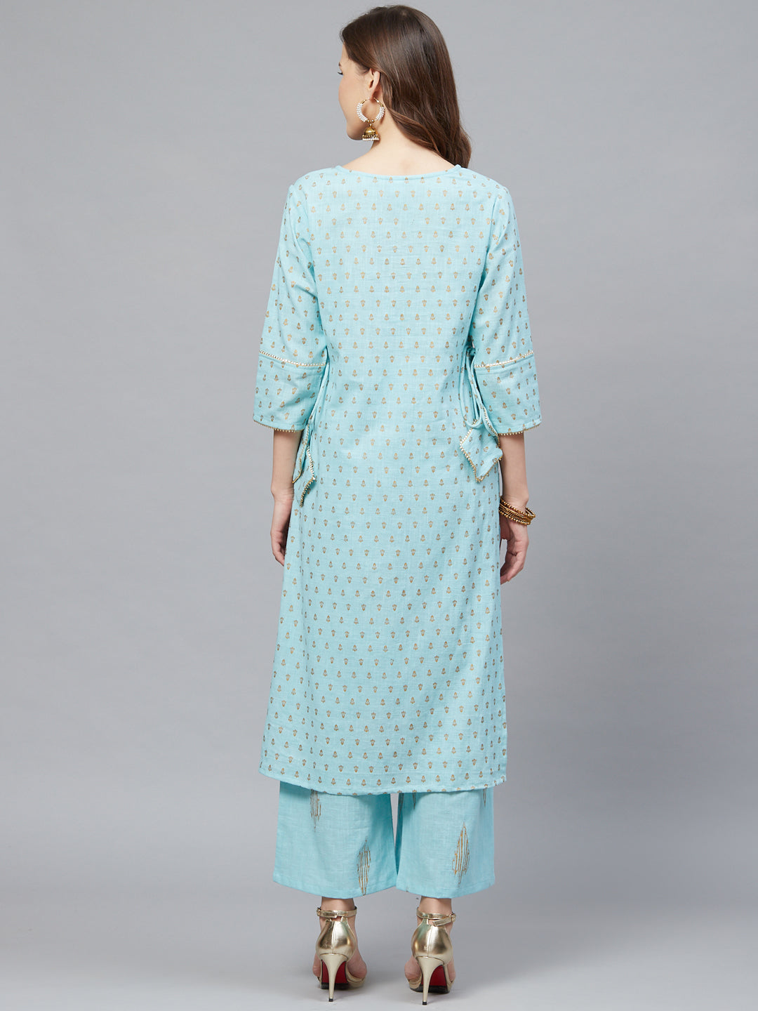 women cotton slub gold printed straight kurta palazzo set ice blue