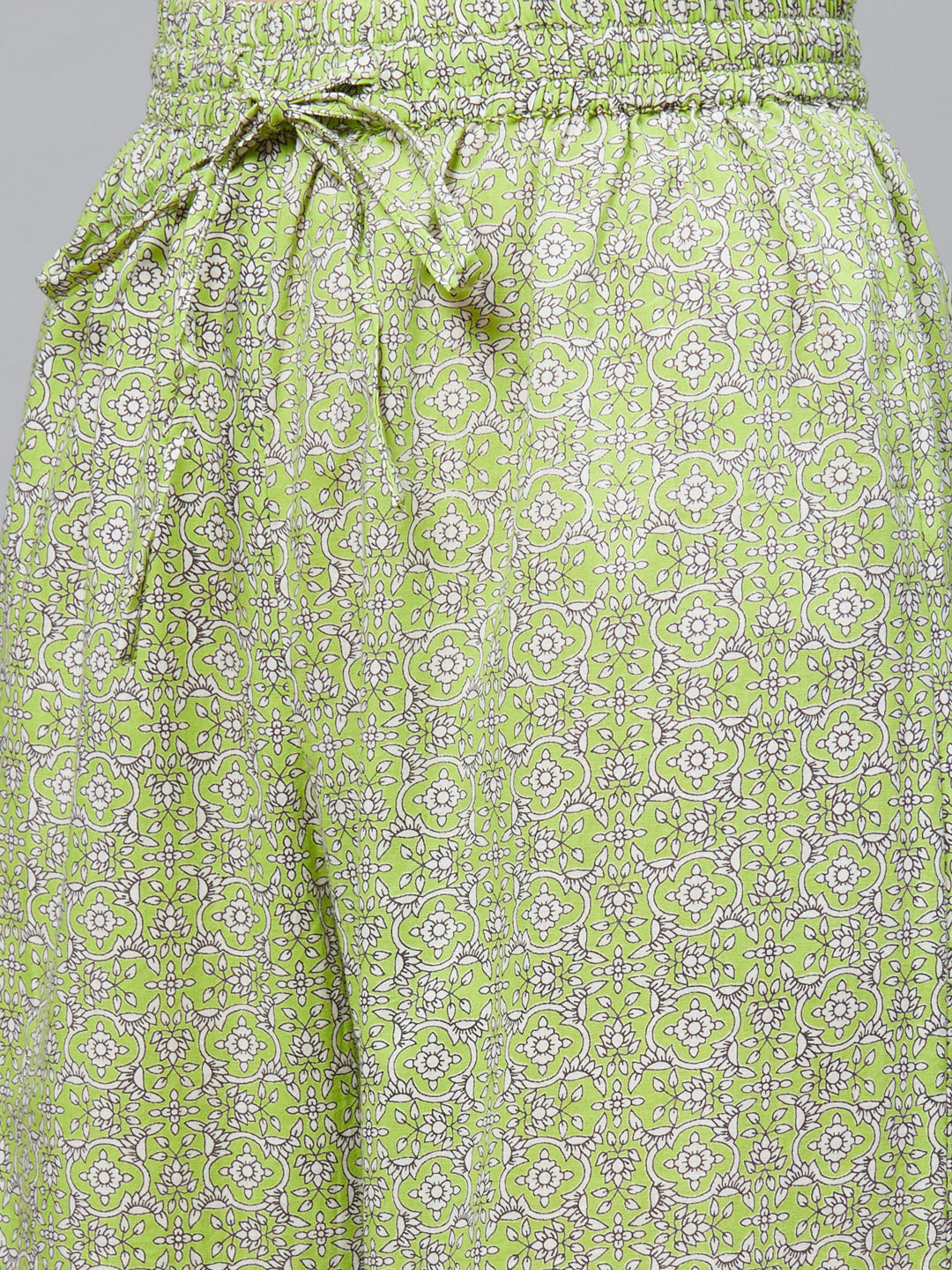  Cotton Floral Printed Pleated Kurta & Palazzo Set (Green)