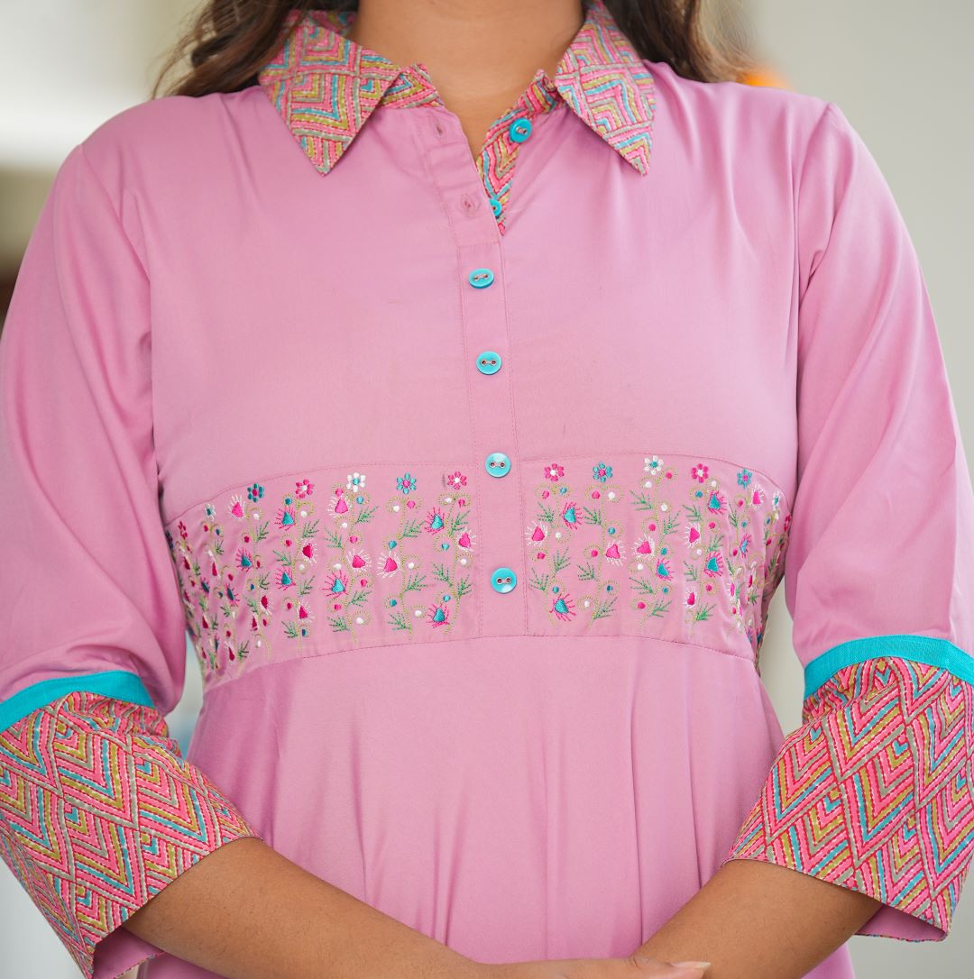 YASH GALLERY Women's Pink Polyster Embroidered Anarkali Kurta (Pink)