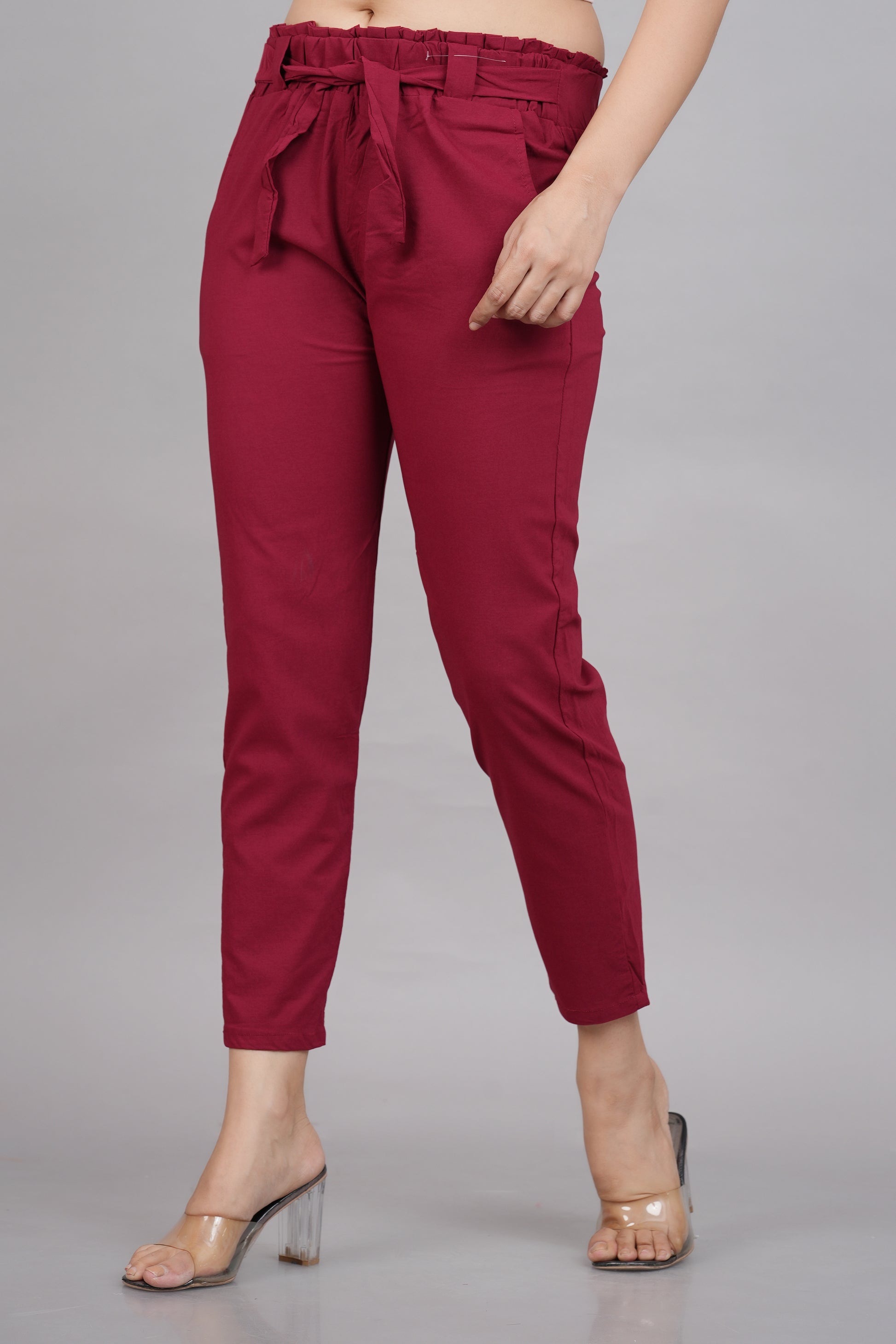 womens lycra regular fit casual trouser pants maroon