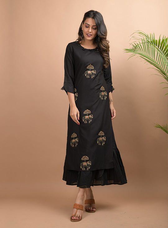 black embellished cotton kurta