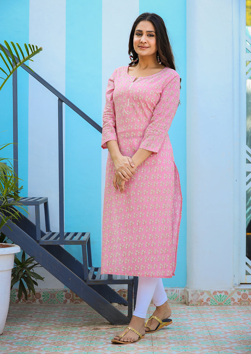 pink floral printed cotton casual kurta
