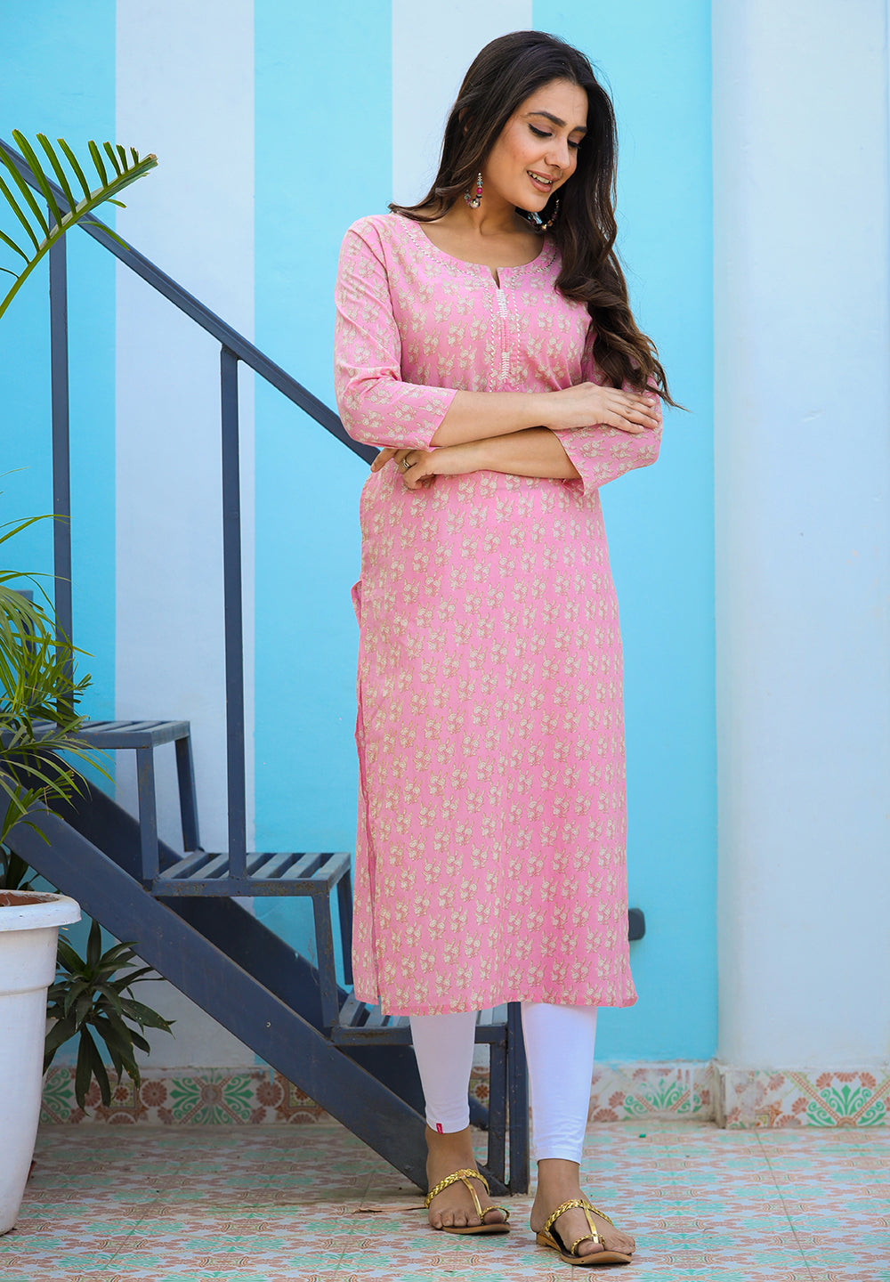 pink floral printed cotton casual kurta