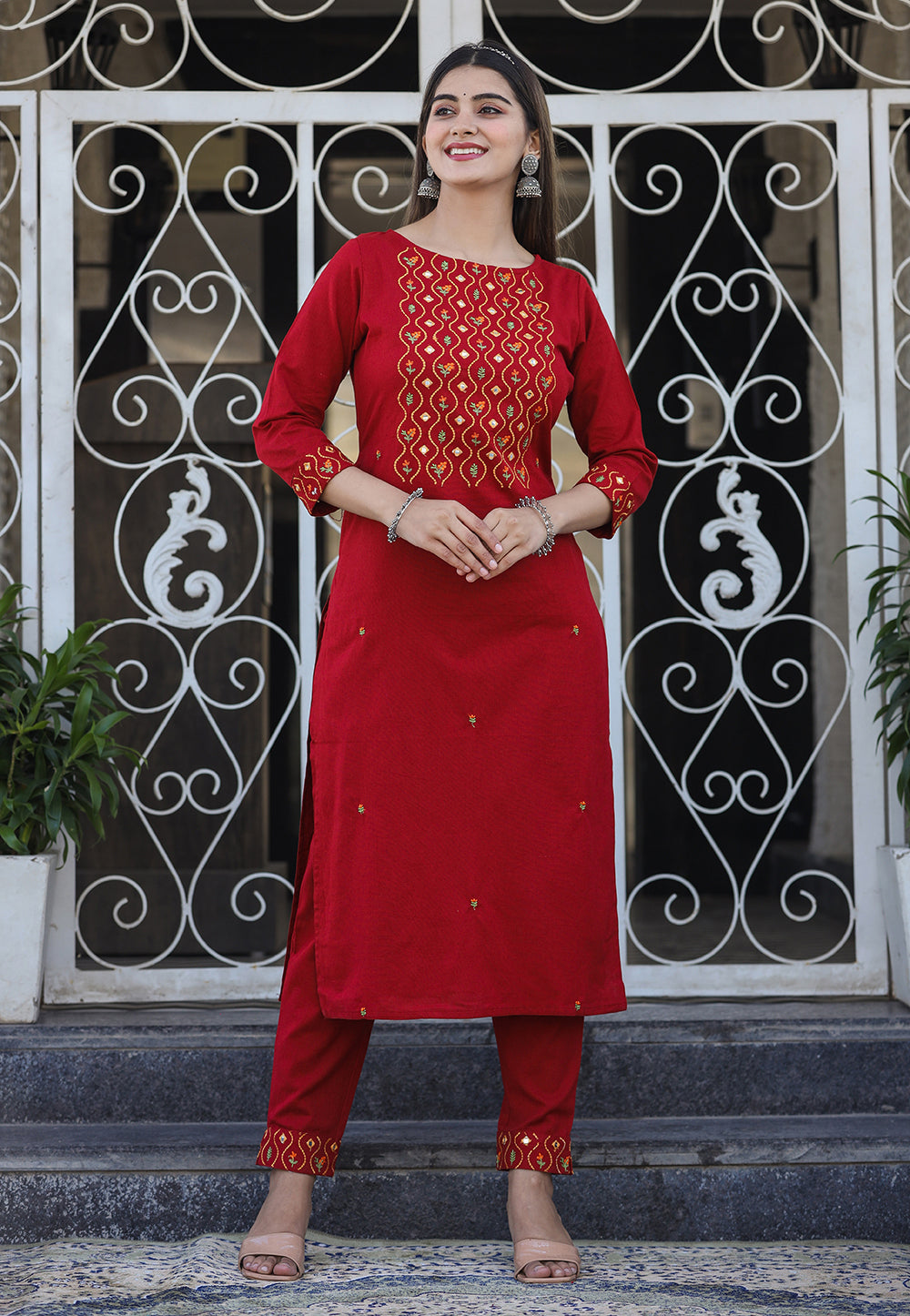 maroon embroidered cotton kurta pant set