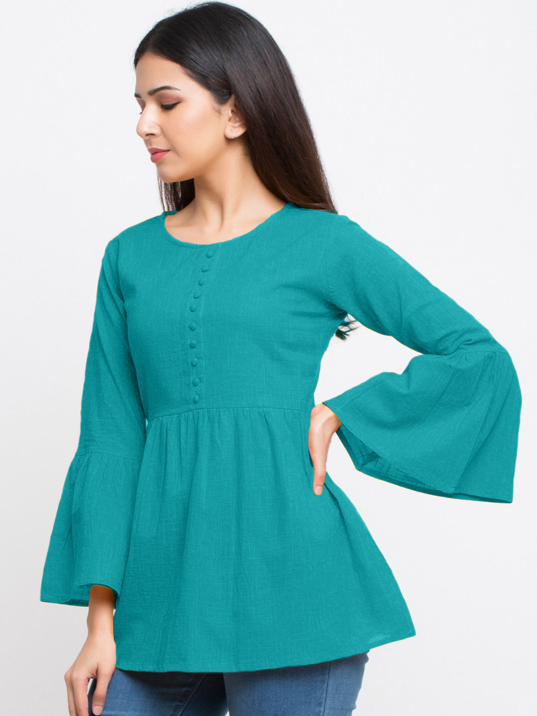 Casual Bell Sleeve Solid  Top (Blue)