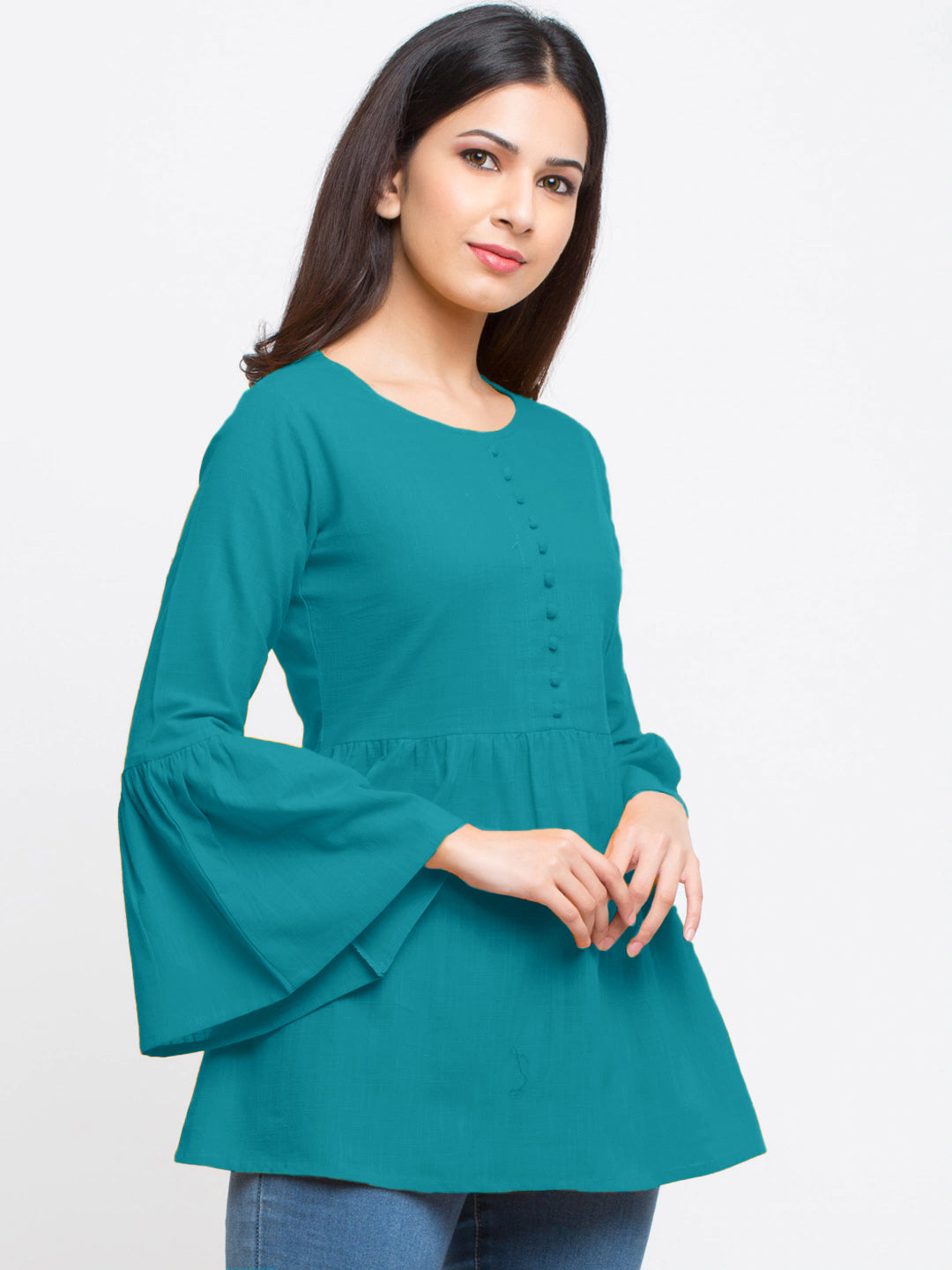 casual bell sleeve solid women top blue