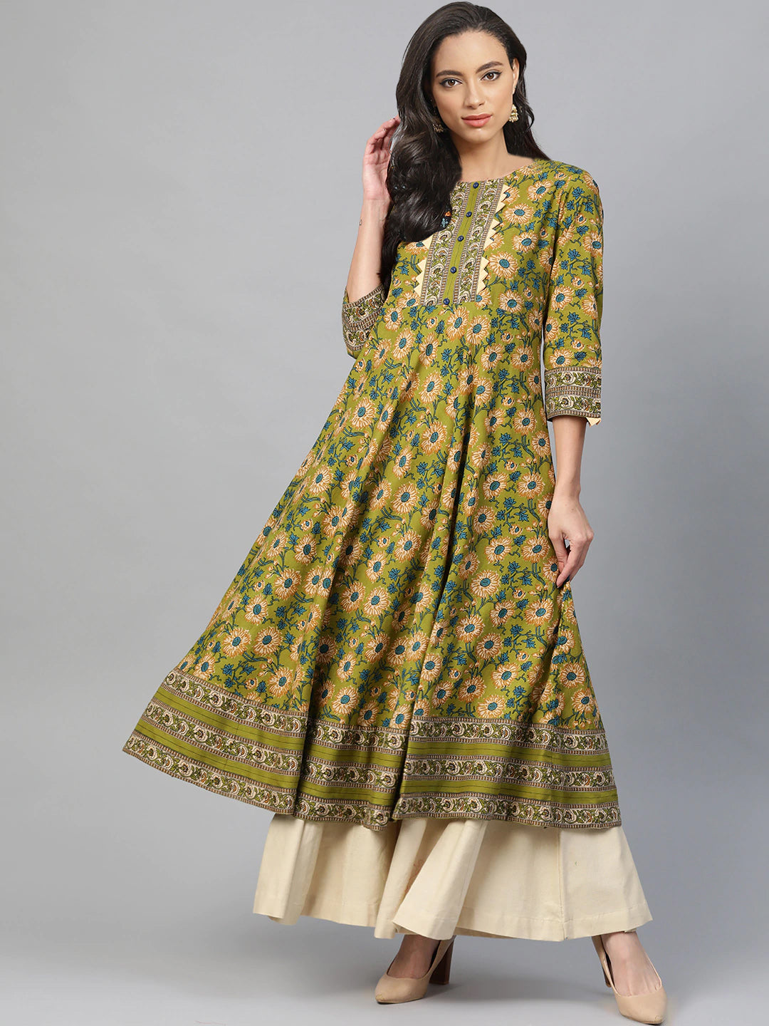 Cotton Floral Printed Anarkali Kurta (Green) – Yash Gallery