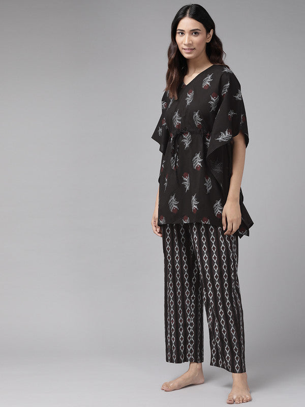 Floral Printed Kaftan Night Suit(Black)